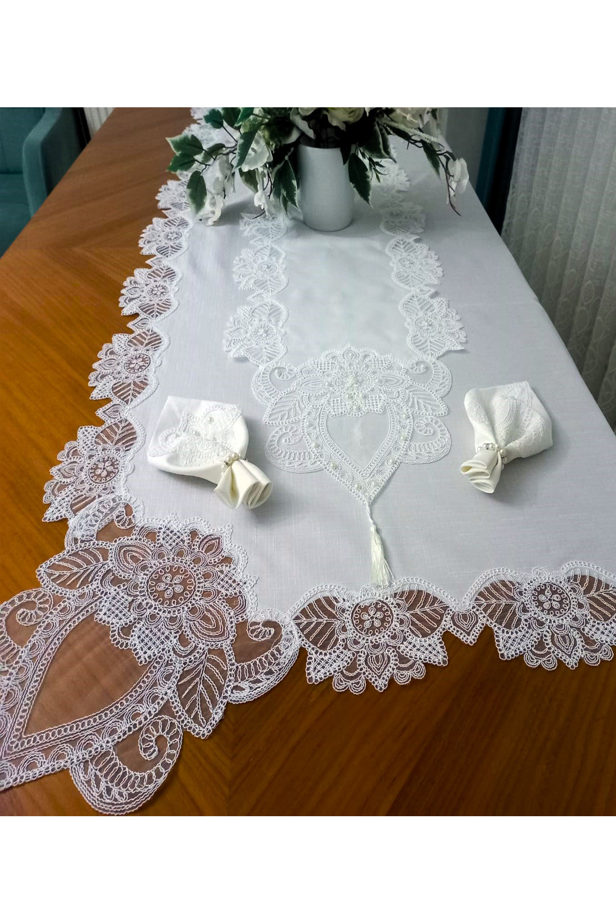 12 Kişilik Masa Örtüsü Takımı, Masa Seti 12 Kişilik 26 Parça 160x220cm Tam Dantel