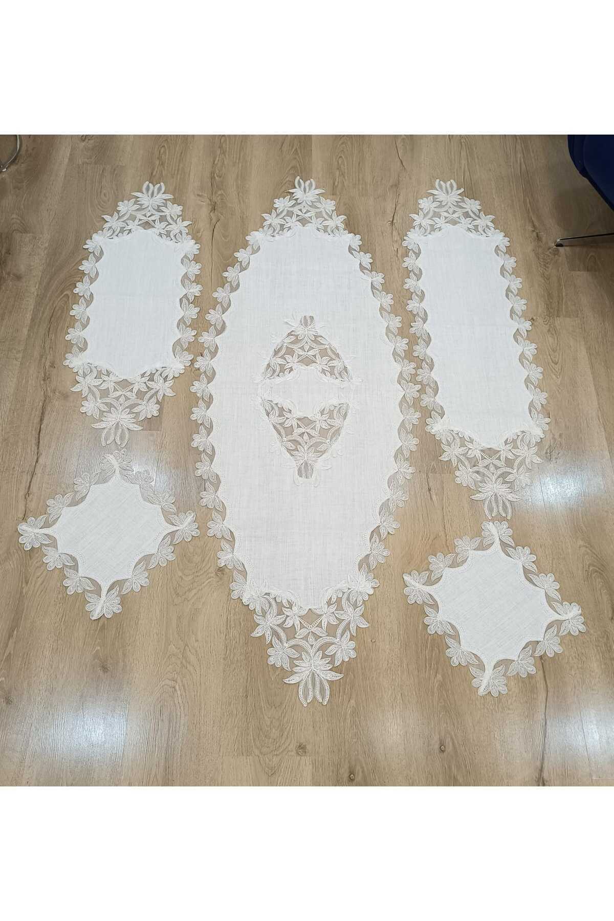 Salon Takımı 5 Parça Dantelli Masa Örtüsü Runner Seti Kadife