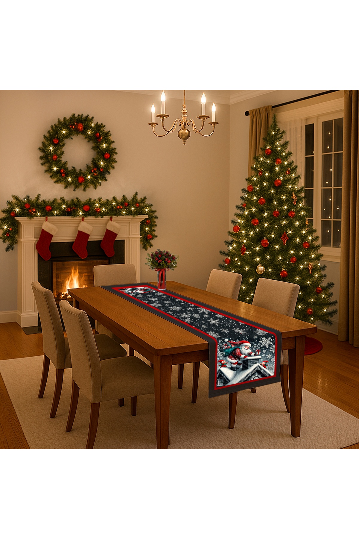 Digital Baskılı Noel Baba Kar Tanesi Desenli Yılbaşı Temalı Dekoratif Masa Runner