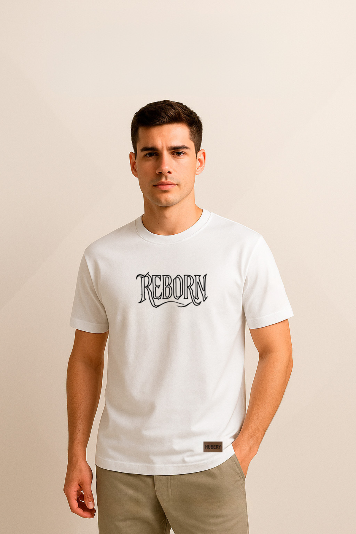 Erkek %100 Pamuk Baskılı Tişört - Reborn Yazı Desenli HUBERY