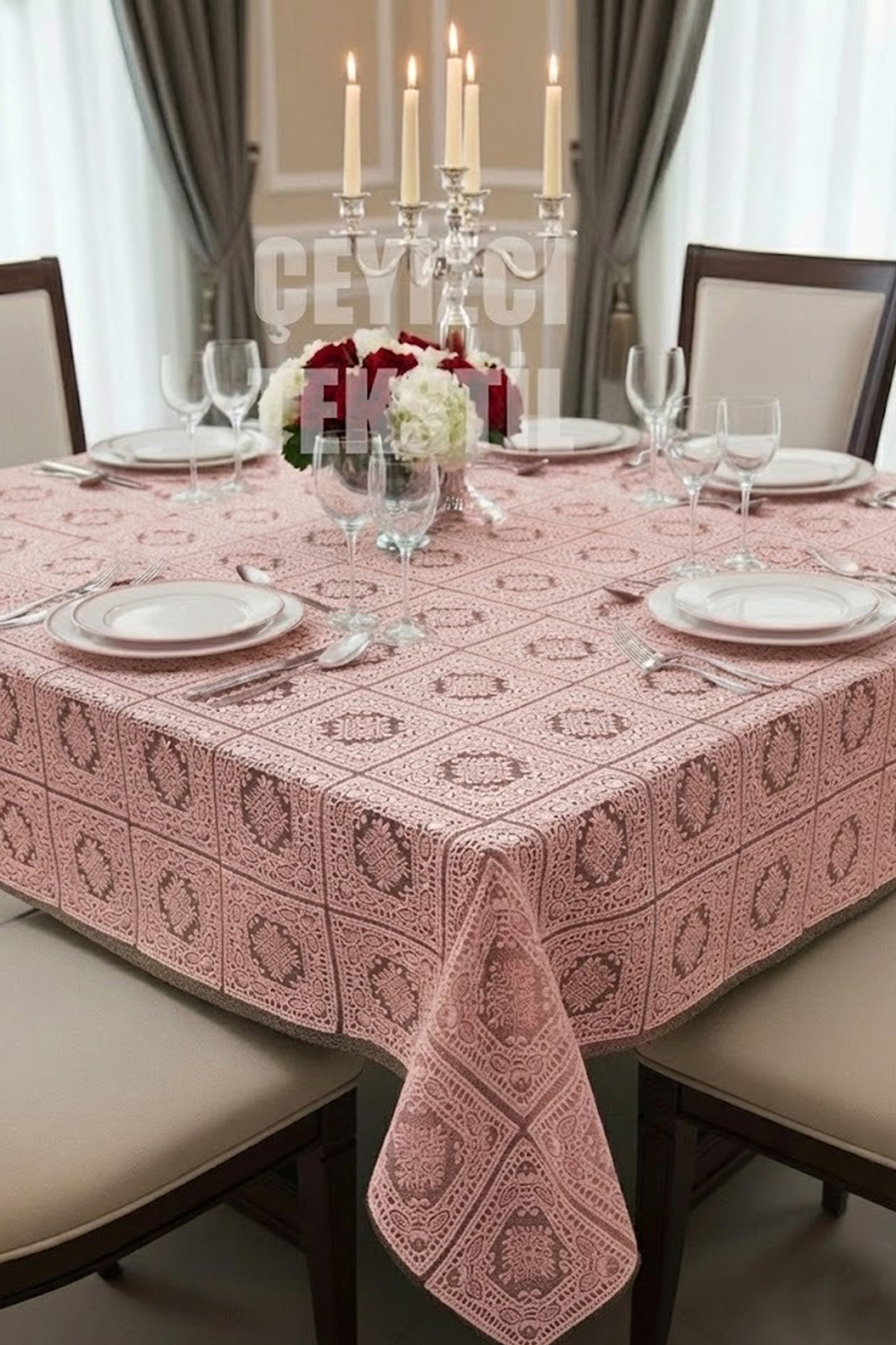 Özel Tasarım Dantel Güpür Masa Örtüsü 150x220cm Pudra