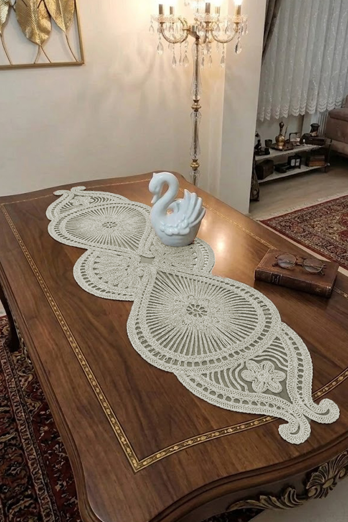 Fransız Dantel Detaylı Tek Runner, Masa Üzerine Runner, Masa Örtüsü Runneri