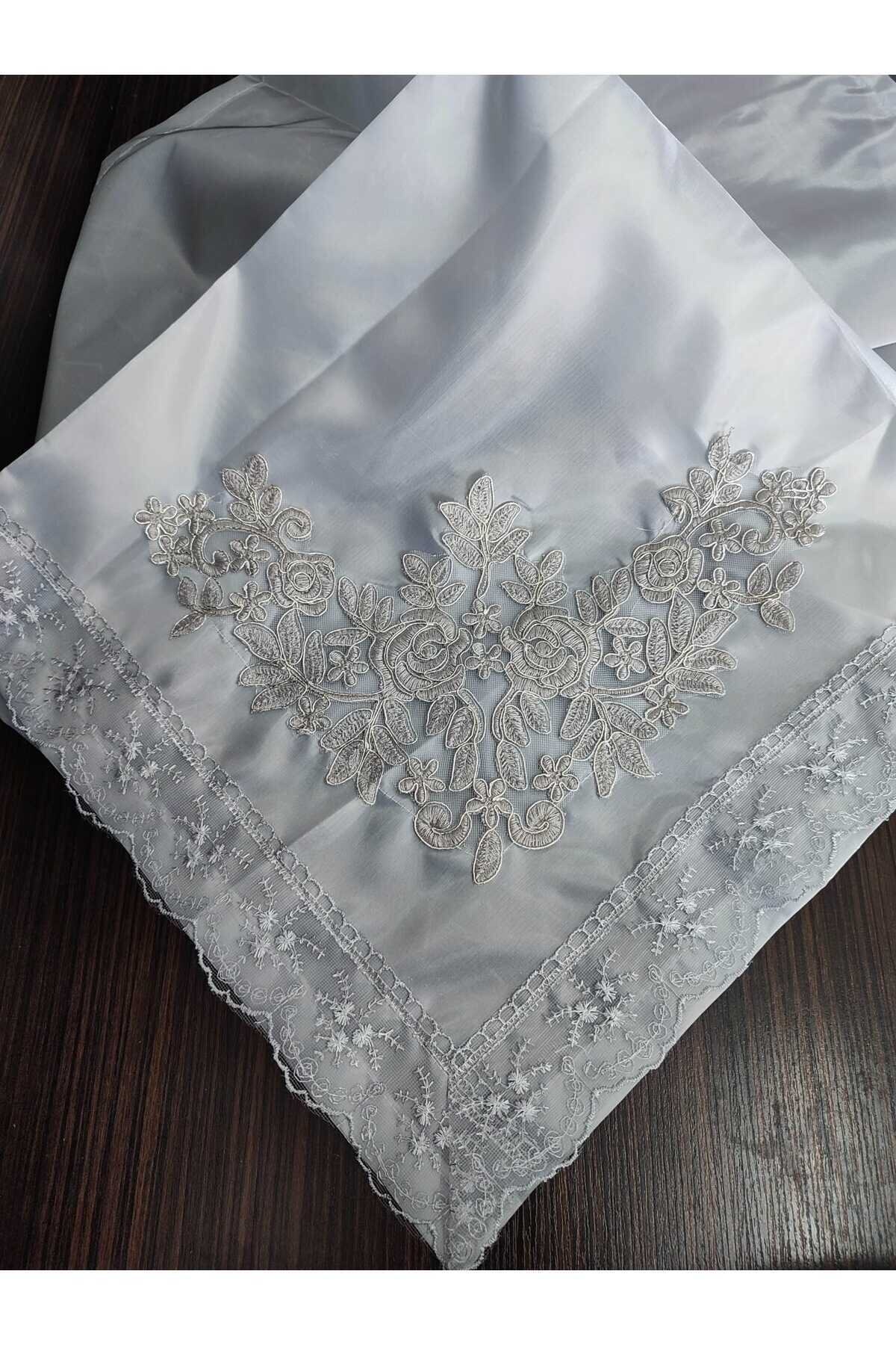 Fransız Güpürlü Işlemeli, Çeyizlik Saten Lüks Bohça, Nişan Bohçası - Gri Kumaş , Gri Dantel