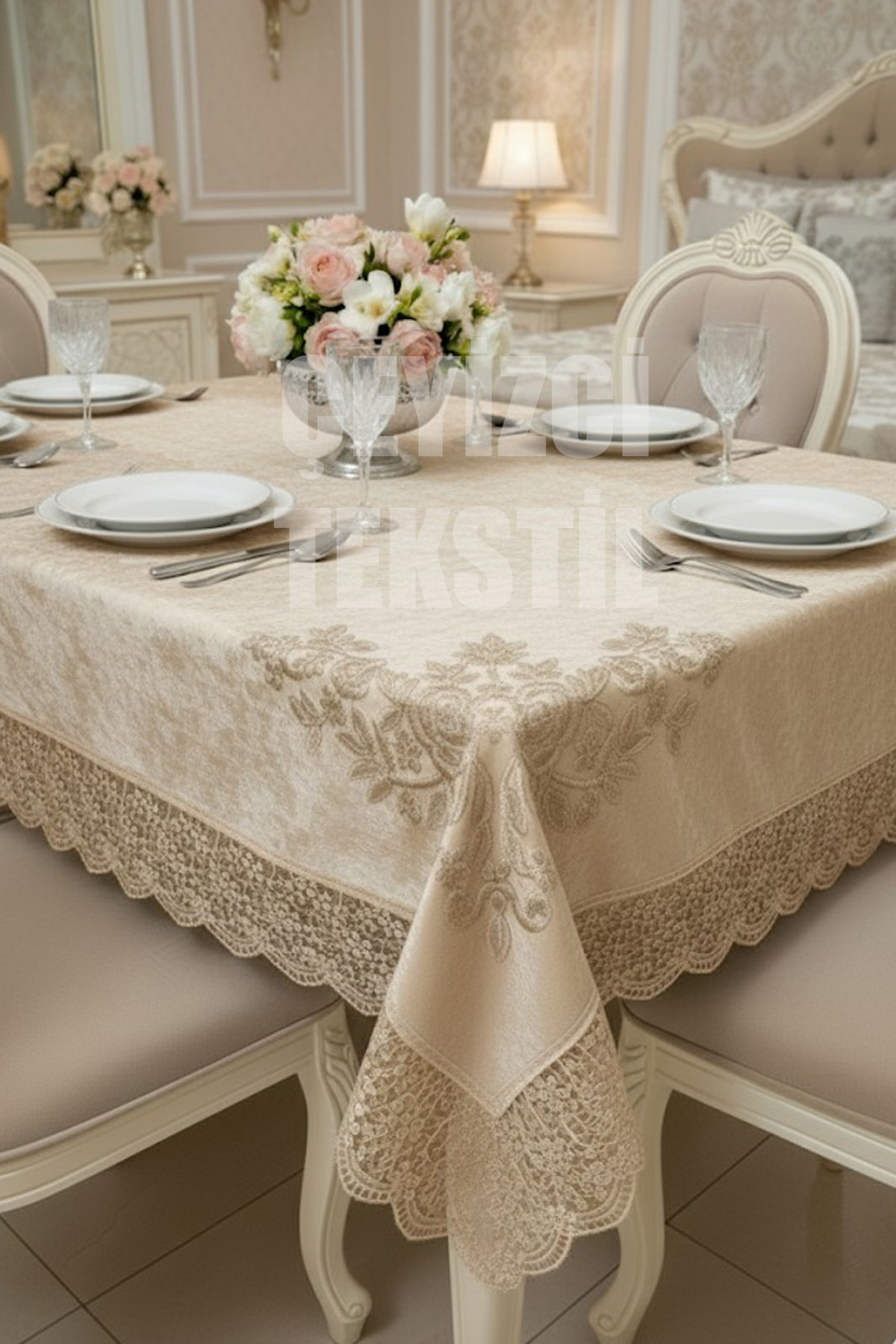 Kadife Tek Masa Örtüsü 160x220cm | Dantelli Yemek Masası Örtüsü 160x220cm Tek Masa