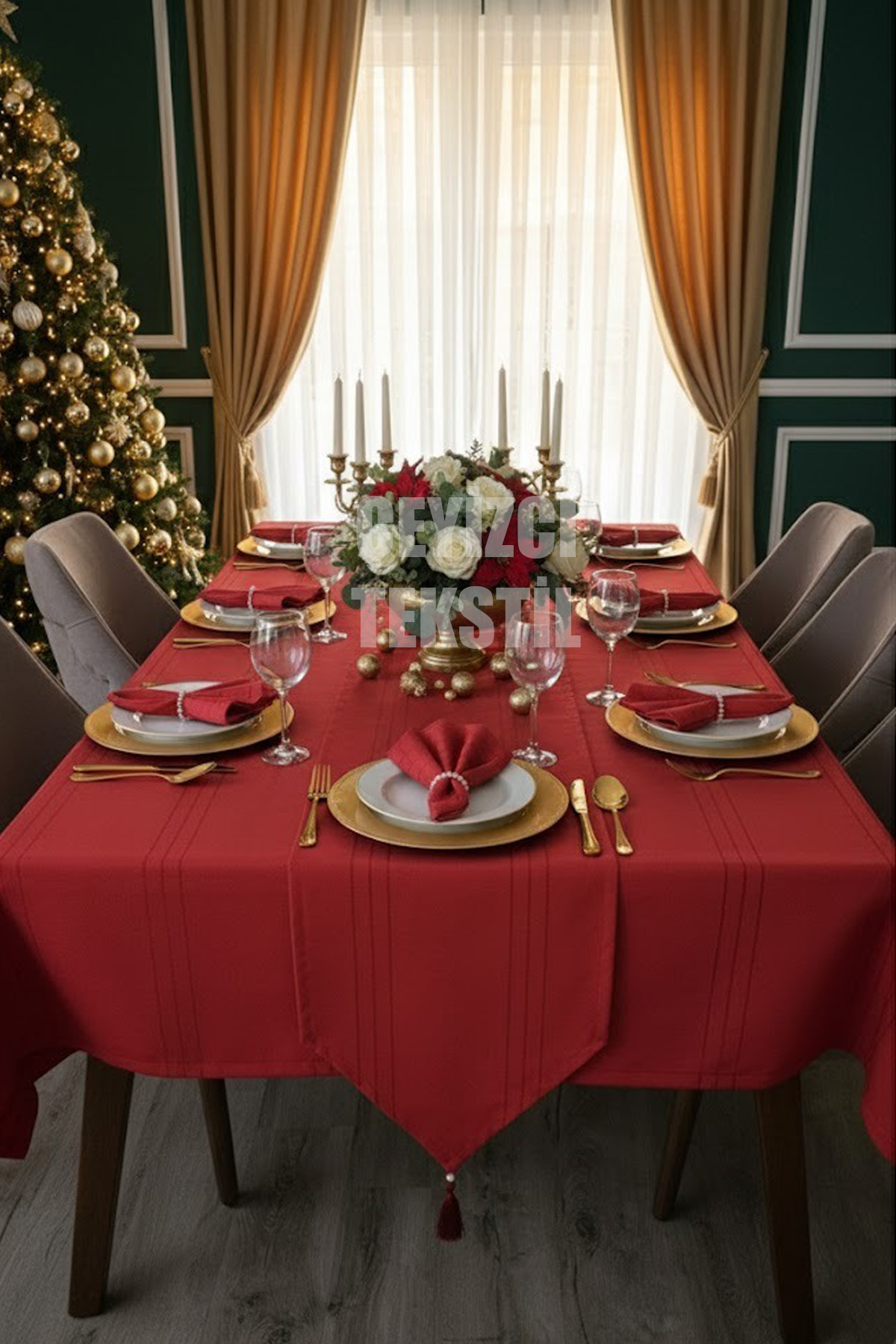 Çizgili 12 Kişilik 26 Parça Masa Örtüsü, Kırmızı Noel Masa Örtüsü, Chrismis Tablecloth