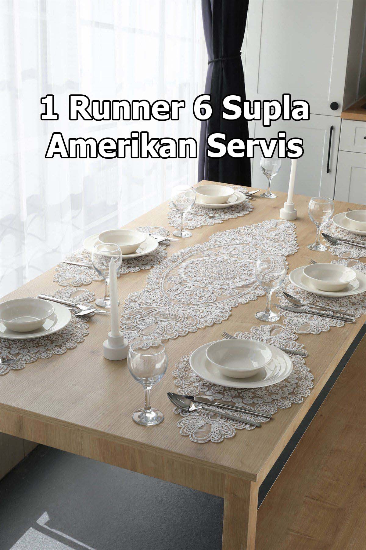 Amerikan Servis, 1 Runner 6 Supla Yemek Servis Takımı, Masa Örtüsü Seti, Servis Sunum Seti