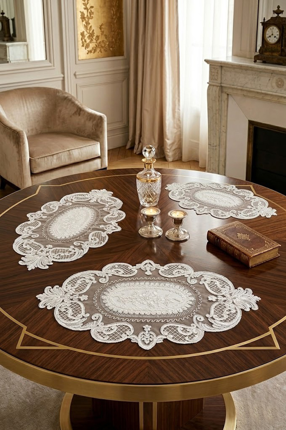 Salon Oda Takımı Dantelli Runner Set Üç Parça