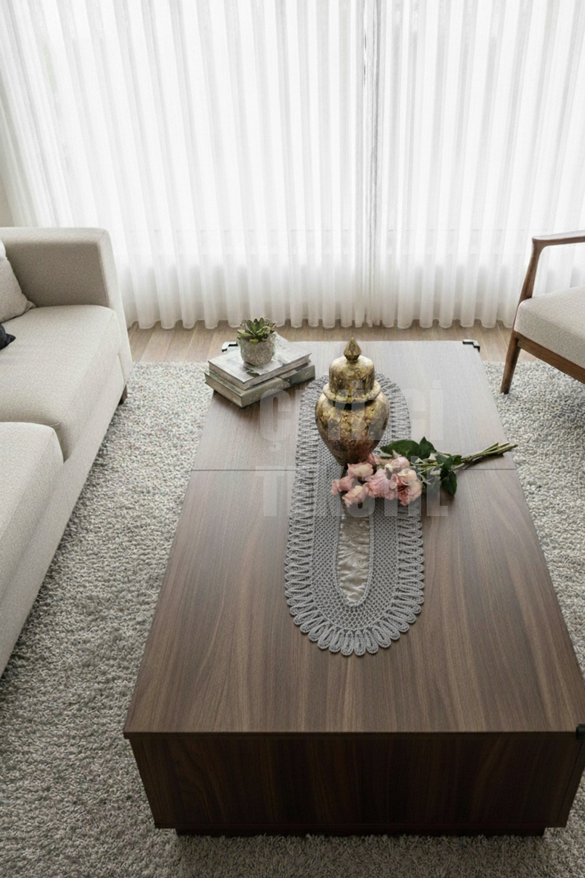 Kadife Detaylı Runner, Çeyizilk Tek Runner (120x30cm)