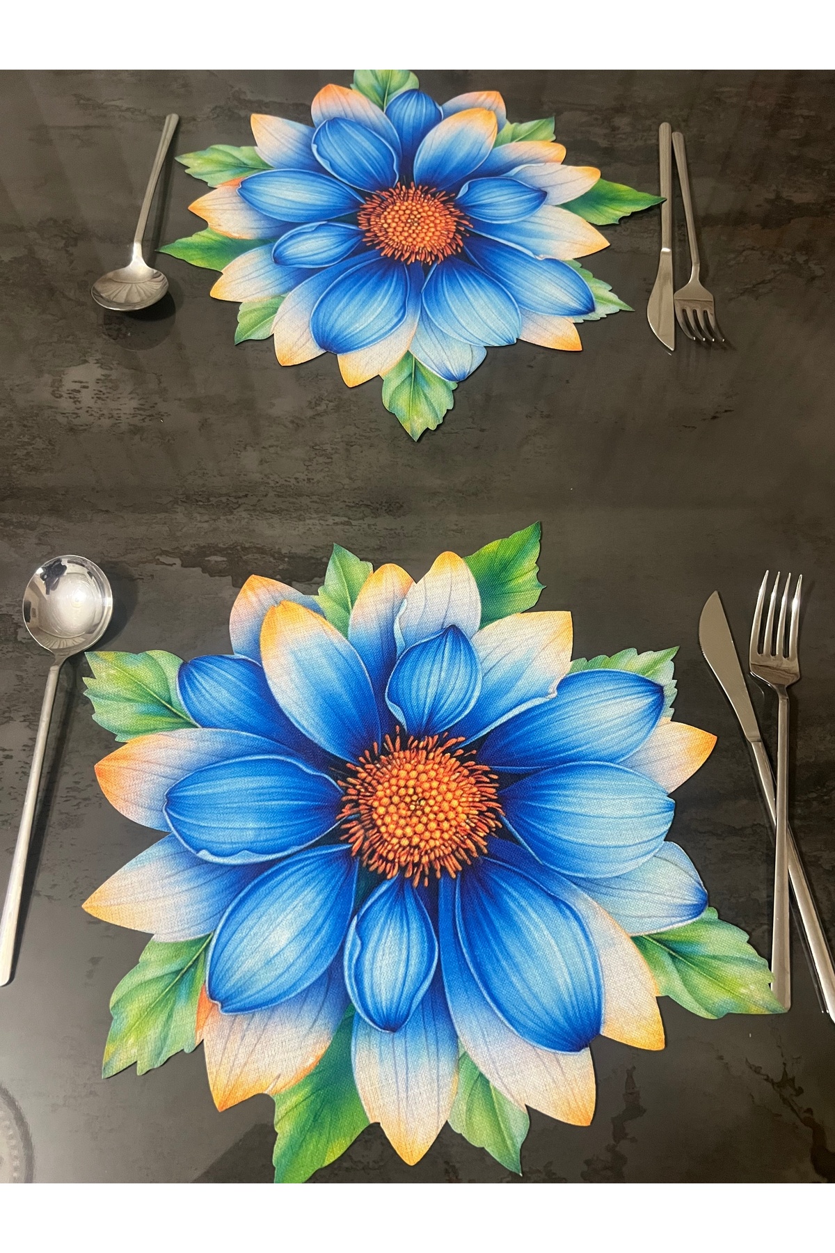 Mavi Gazania Tasarımlı 3D Digital Baskılı Lazer Kesim Detaylı Amerikan Servis & Supla 6 Adet