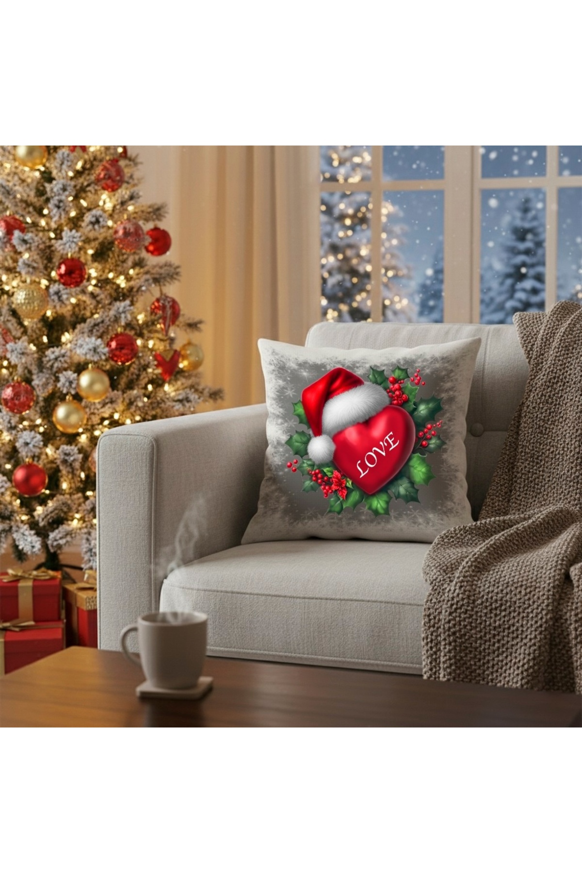 Dijital Baskılı Noel Şapkalı Love Kalp Dekoratif Kırlent Kılıfı