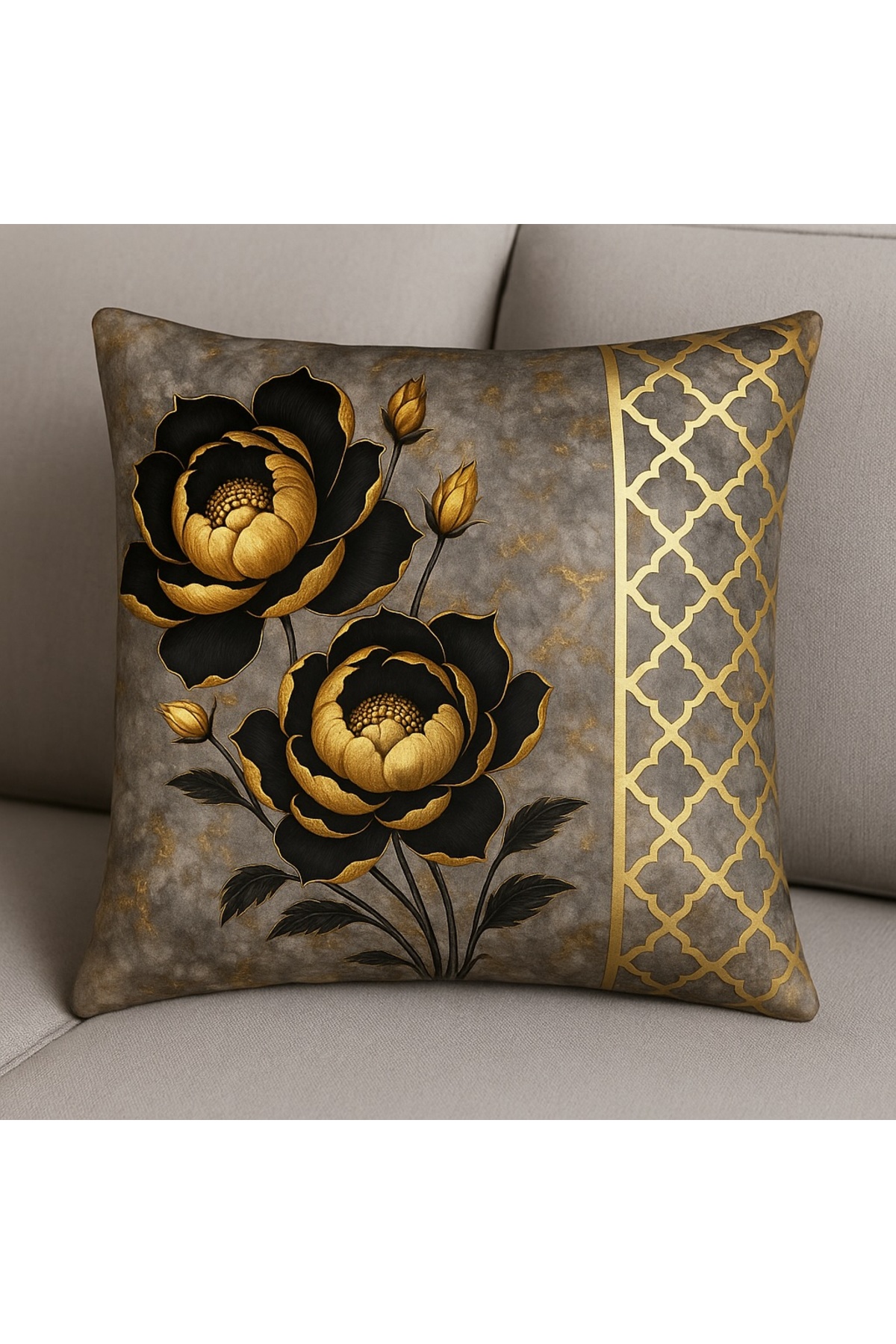 Floral Digital Baskı Desenli Lazer Kesim Deri Detaylı Kırlent Kılıfı