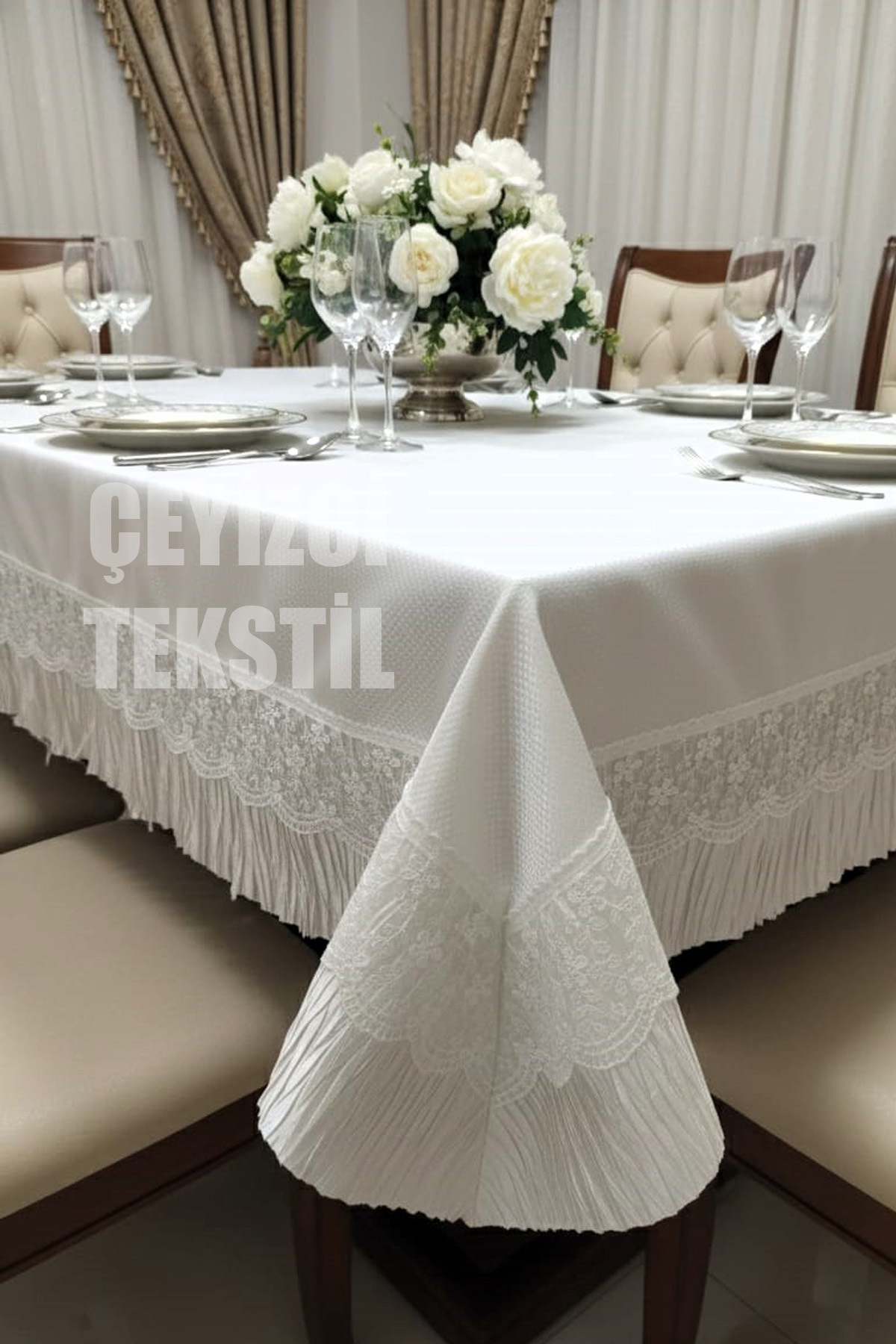 Dertsiz Tek Masa Örtüsü 160x220cm | Dantelli Yemek Masası Örtüsü 160x220cm Tek Masa