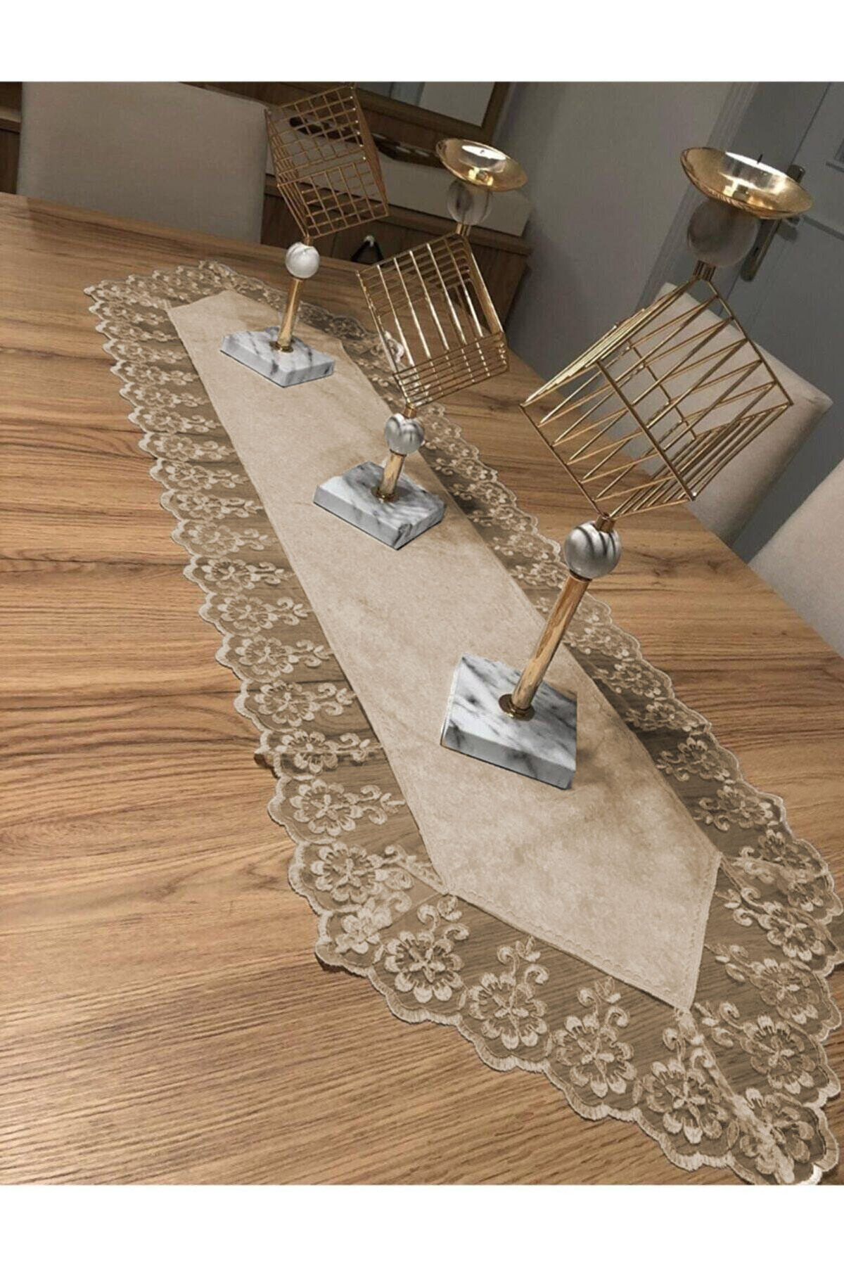 Kadife Dantel Detaylı Kapuçino Runner (140x40cm)