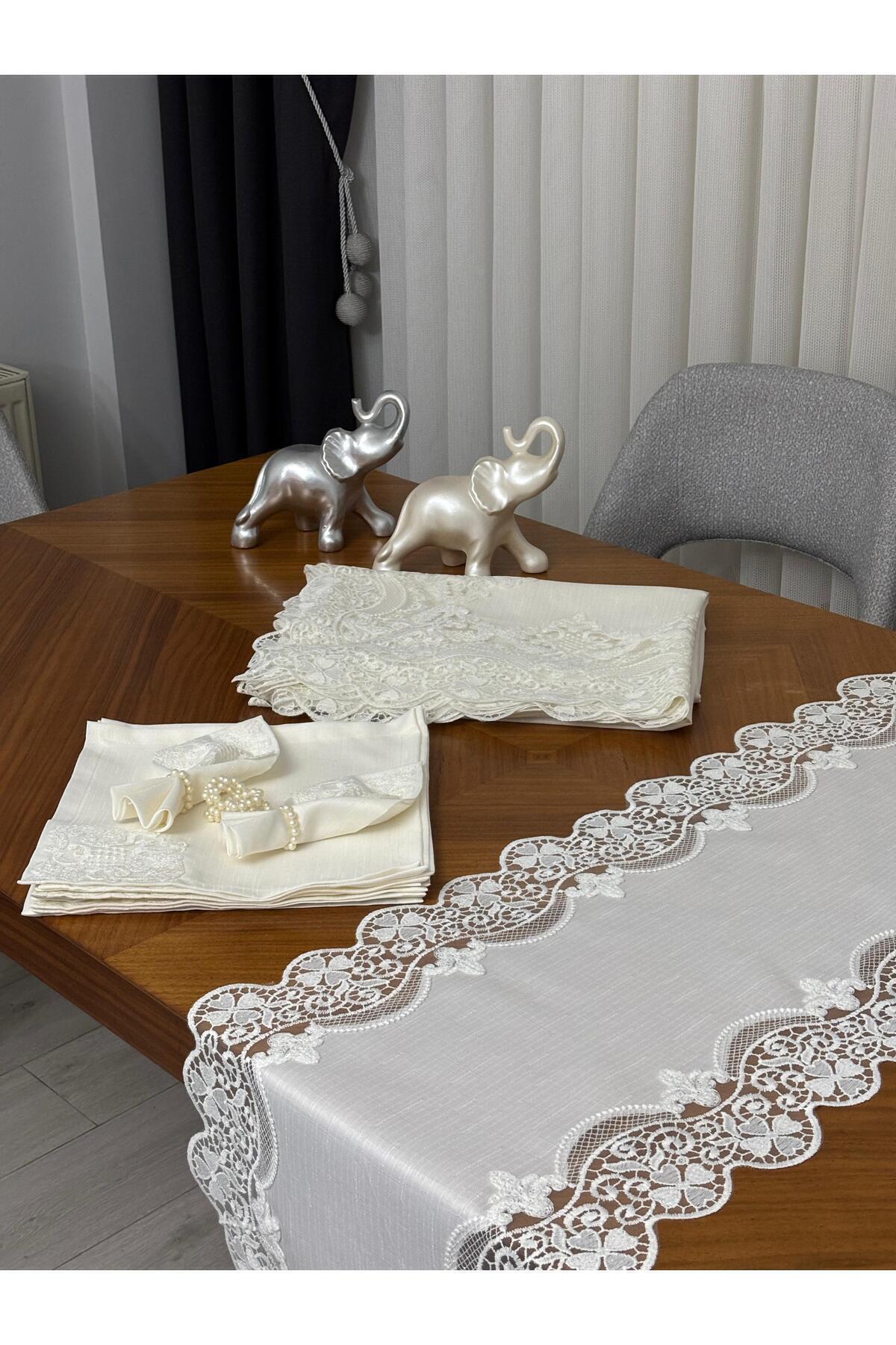 Masa Örtüsü Yemek Takımı 12 Kişilik 26 Parça Fransız Dantelli – Ekru1