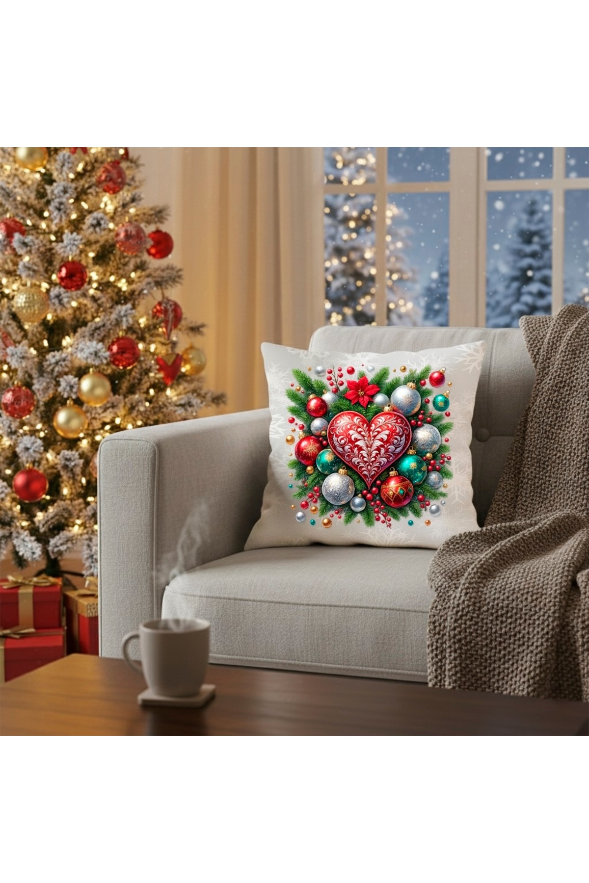 Dijital Baskılı Yılbaşı Kalp ve Noel Topları Dekoratif Kırlent Kılıfı
