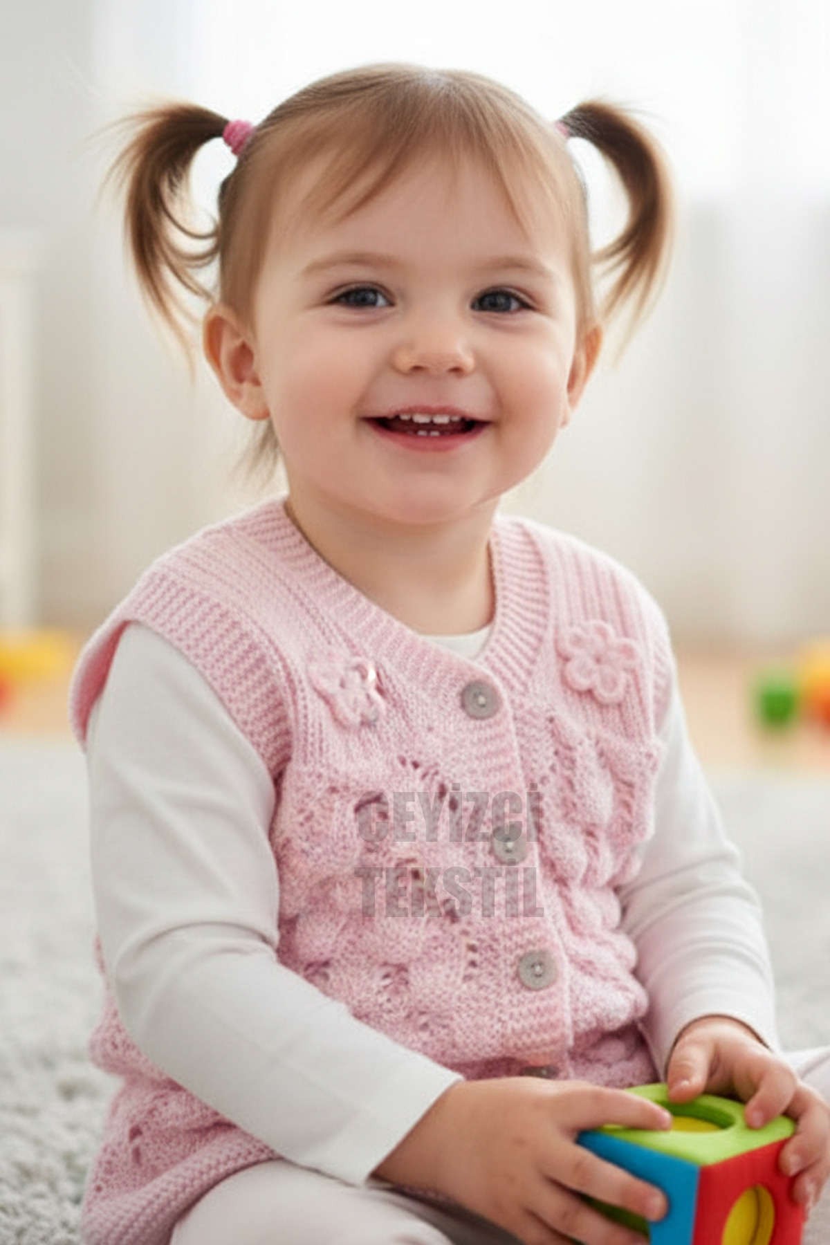 Bebek Yeleği Triko Bebek Yeleği Papatya Desenli Bebe Yeleği Pudra