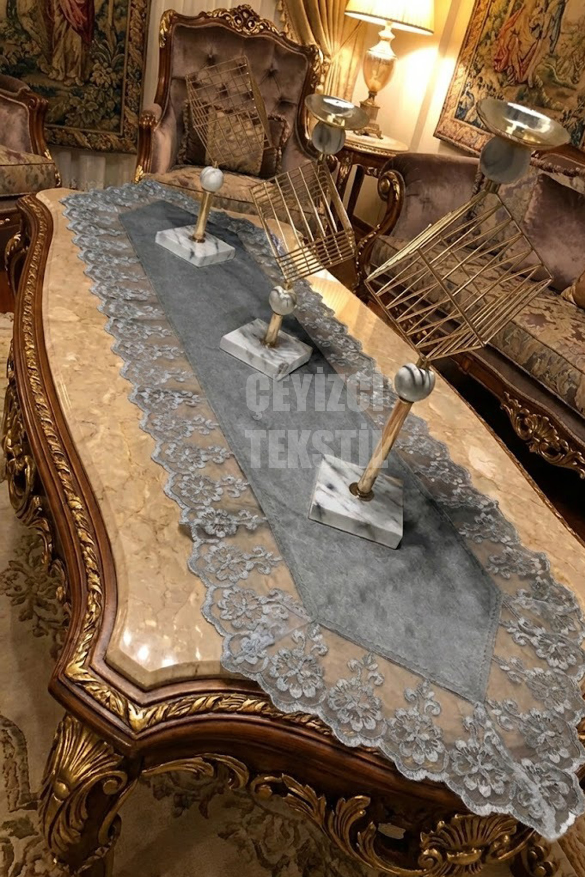 Kadife Dantel Detaylı Gri Runner (140x40cm)