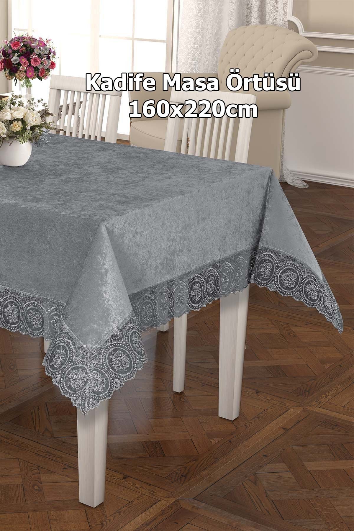 Lüks Kadife Masa Örtüsü, Dantelli Kadife Masa Örtüsü 160x220cm Kadife Masa Örtüsü