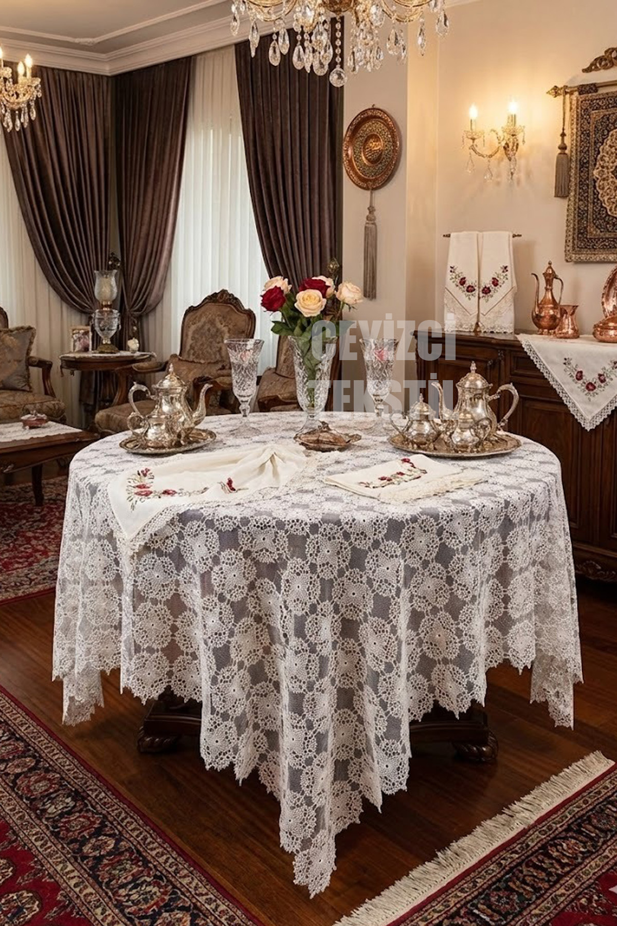 İğne Oyası Tek Masa Örtüsü Çeyizlik Dantel Masa Örtüsü Kare