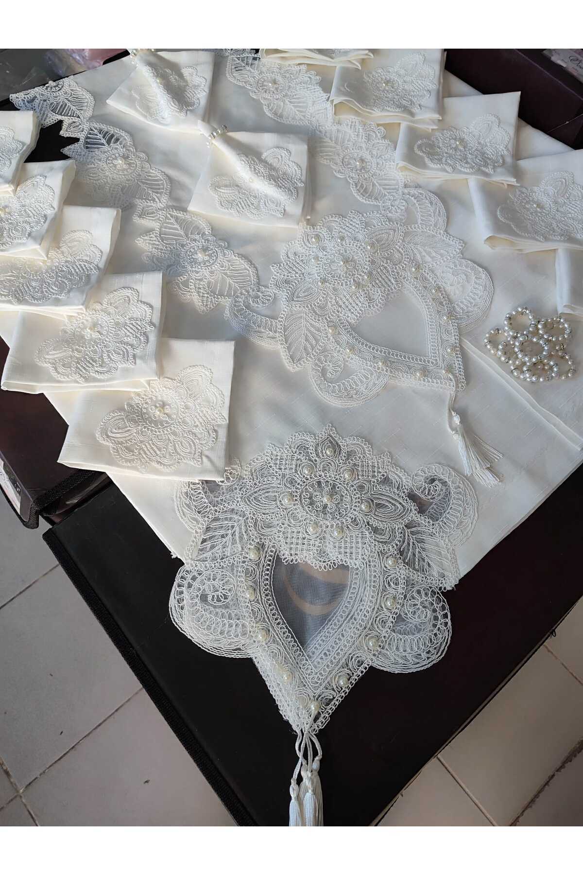 12 Kişilik Masa Örtüsü Takımı, Masa Seti 12 Kişilik 26 Parça 160x220cm Yarım Dantel