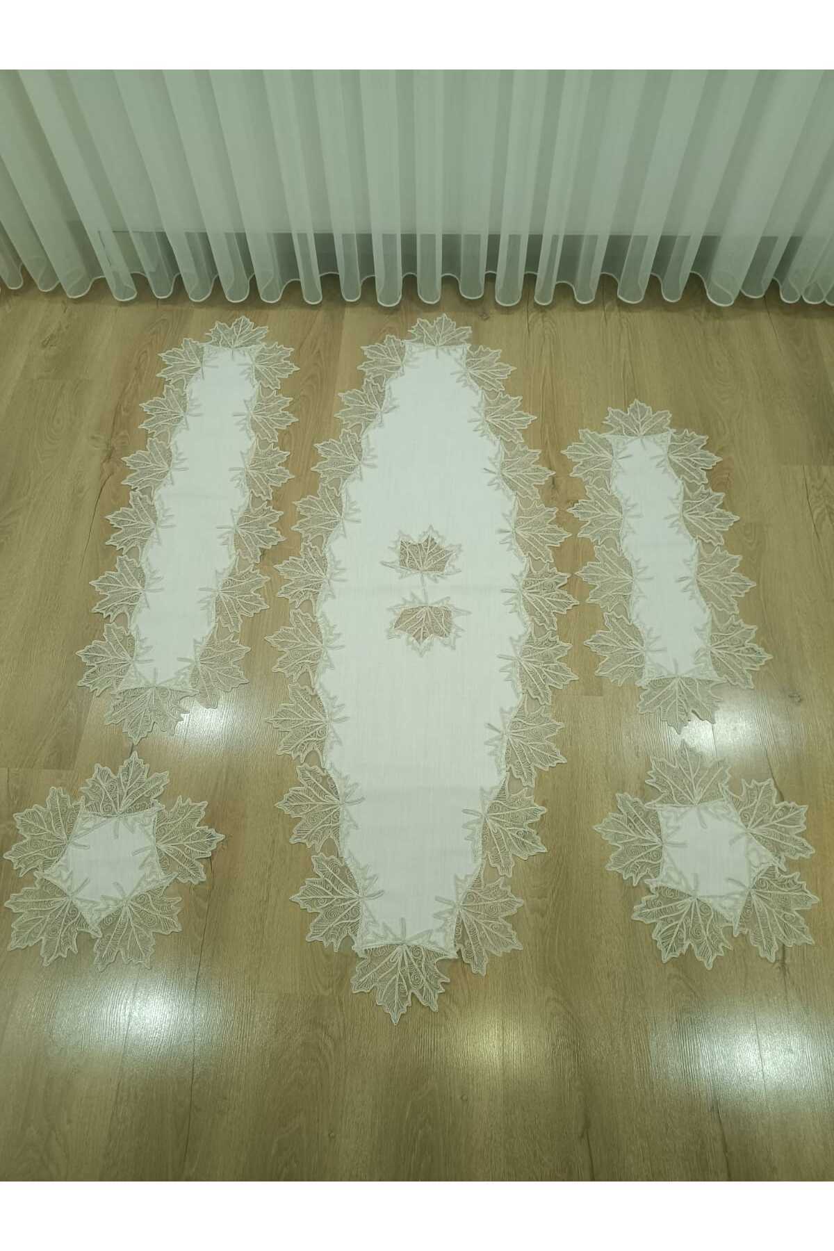 Salon Takımı 5 Parça Dantelli Masa Örtüsü Runner Seti Kadife