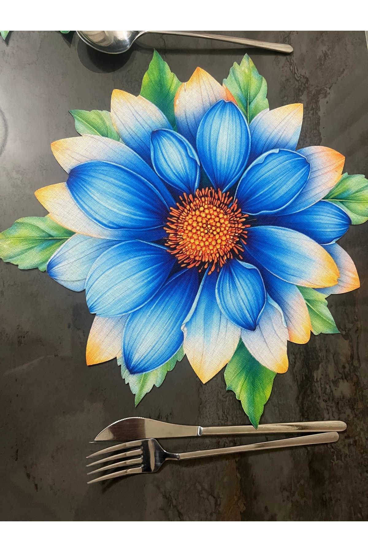 Mavi Gazania Tasarımlı 3D Digital Baskılı Lazer Kesim Detaylı Amerikan Servis & Supla 6 Adet