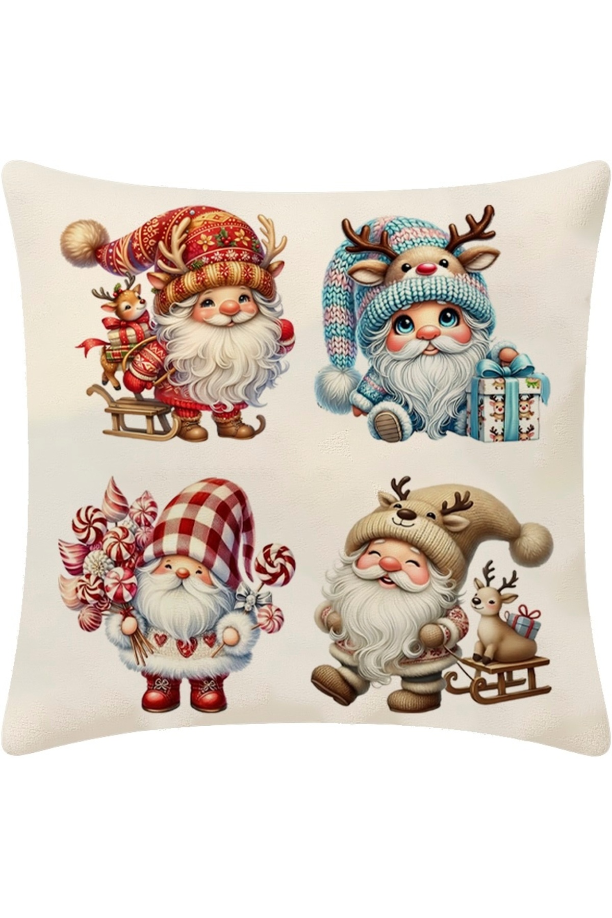 Sevimli Noel Cüceleri Desenli Dijital Baskılı Kırlent Kılıfı 43x43 cm (Cute Christmas Gnome Cushion)