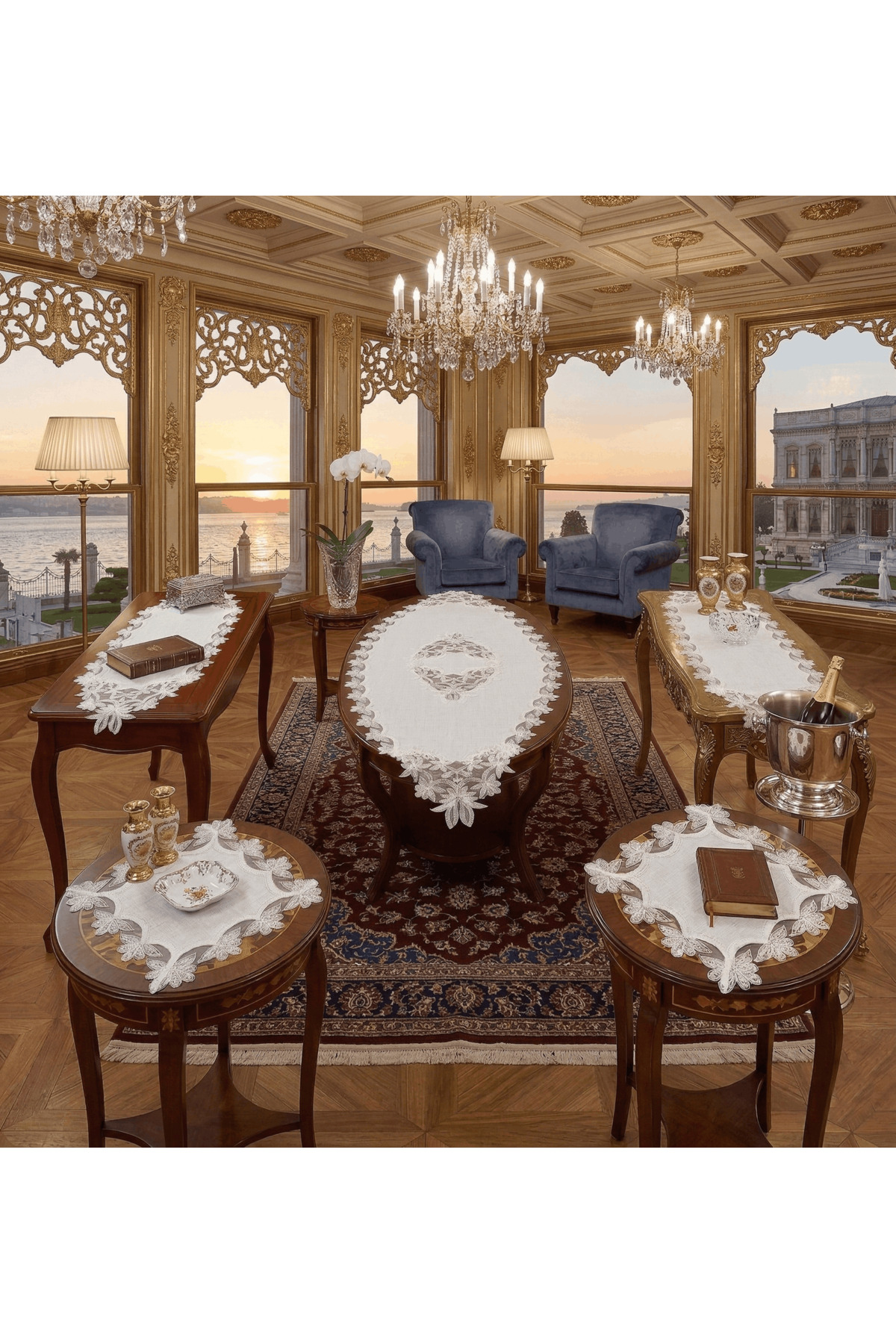Salon Takımı 5 Parça Dantelli Masa Örtüsü Runner Seti Kadife
